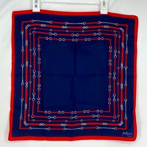 Patricia Paris Small Square Scarf Silky Feel Navy Blue Red Horse Bit Rolled Edge
